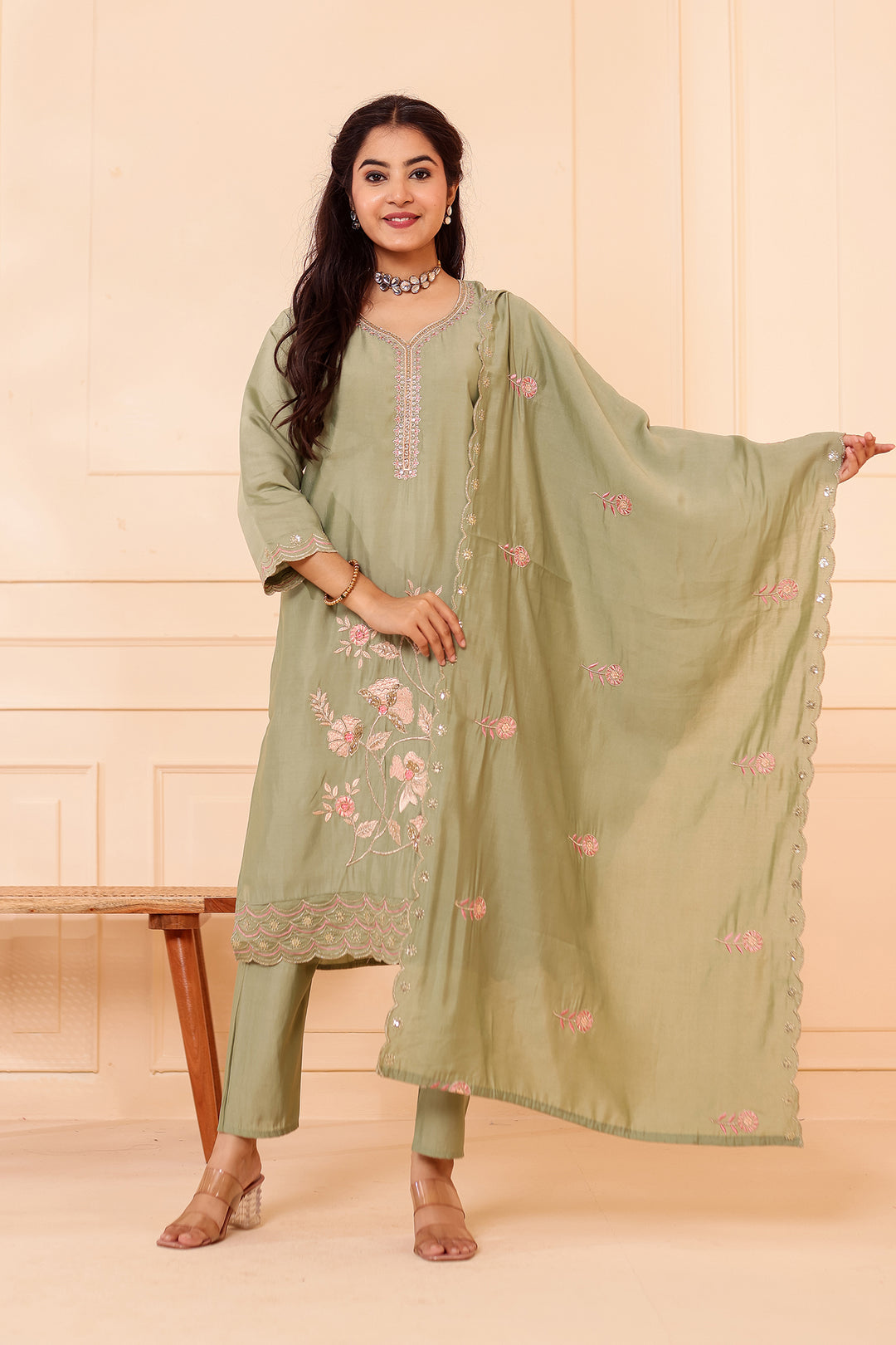 Mint Roman Silk Straight Cut Kurta Set with Floral Embroidery.
