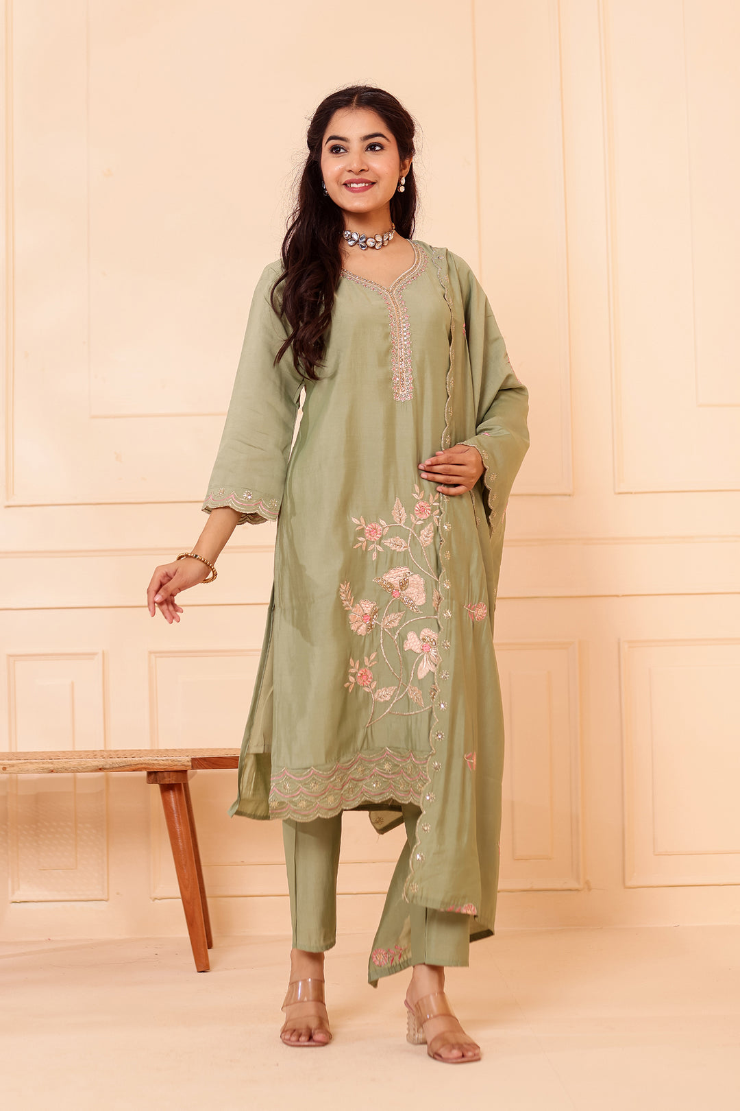 Mint Roman Silk Straight Cut Kurta Set with Floral Embroidery.