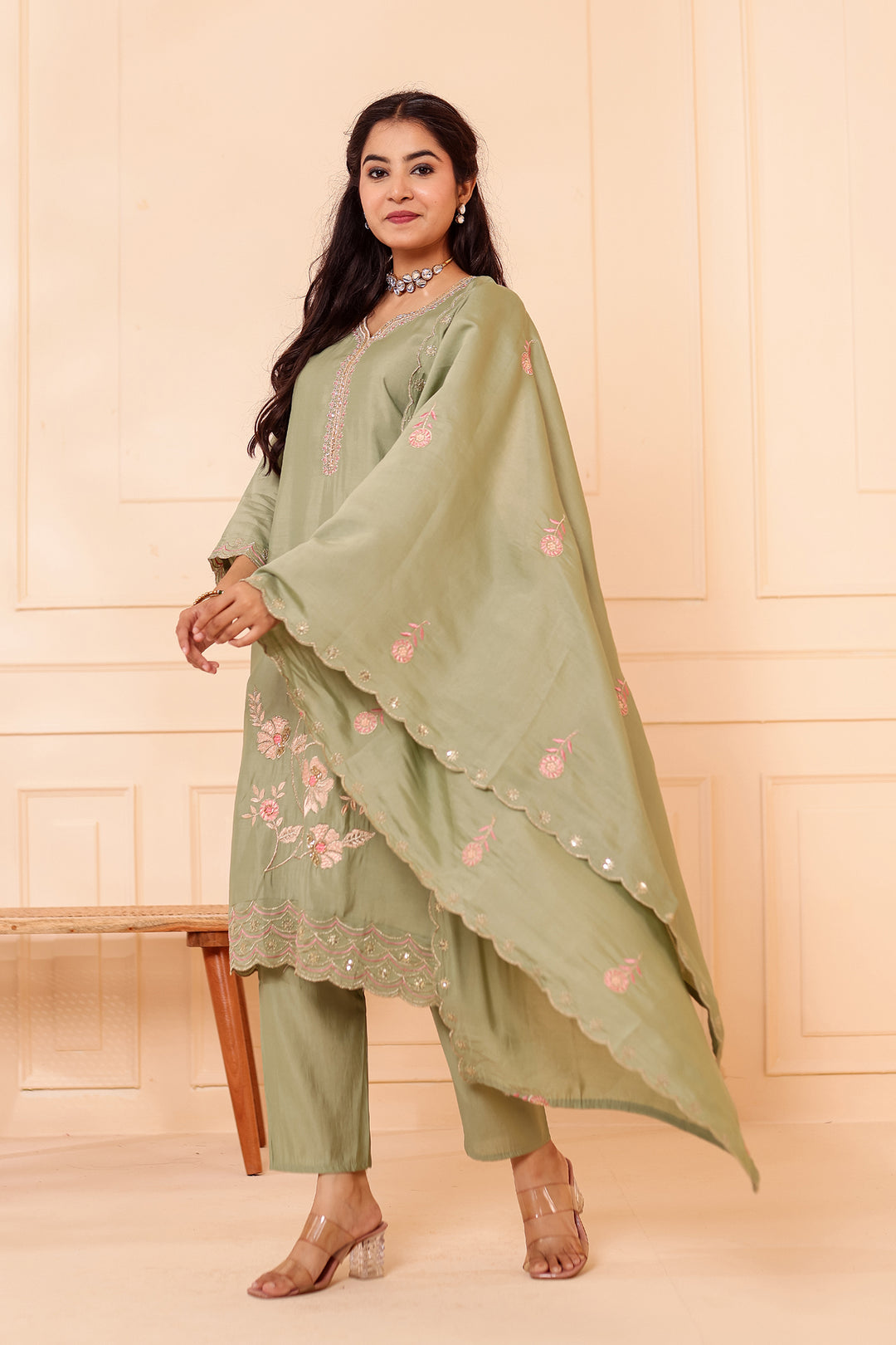 Mint Roman Silk Straight Cut Kurta Set with Floral Embroidery.