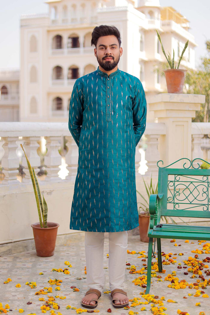 Teal Raw Silk Kurta Suit With Sequin Embroidery All Over.