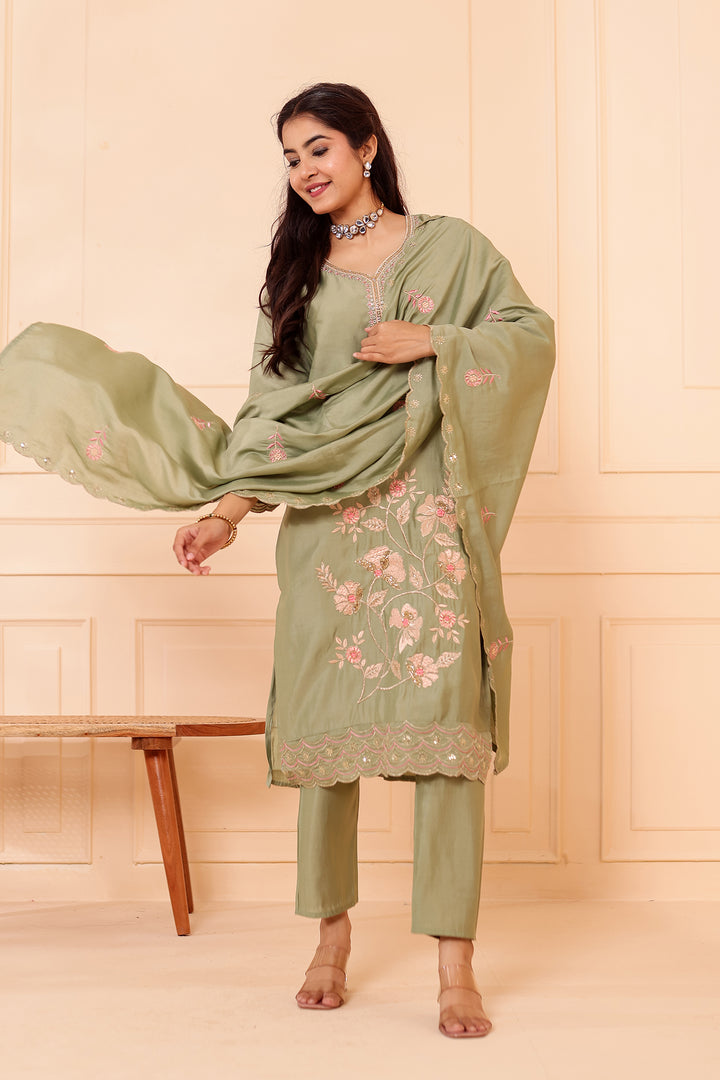 Mint Roman Silk Straight Cut Kurta Set with Floral Embroidery.