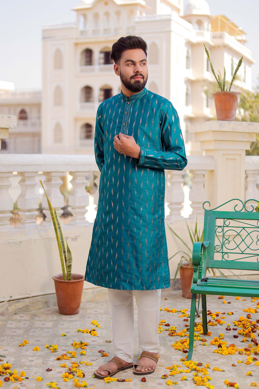 Teal Raw Silk Kurta Suit With Sequin Embroidery All Over.