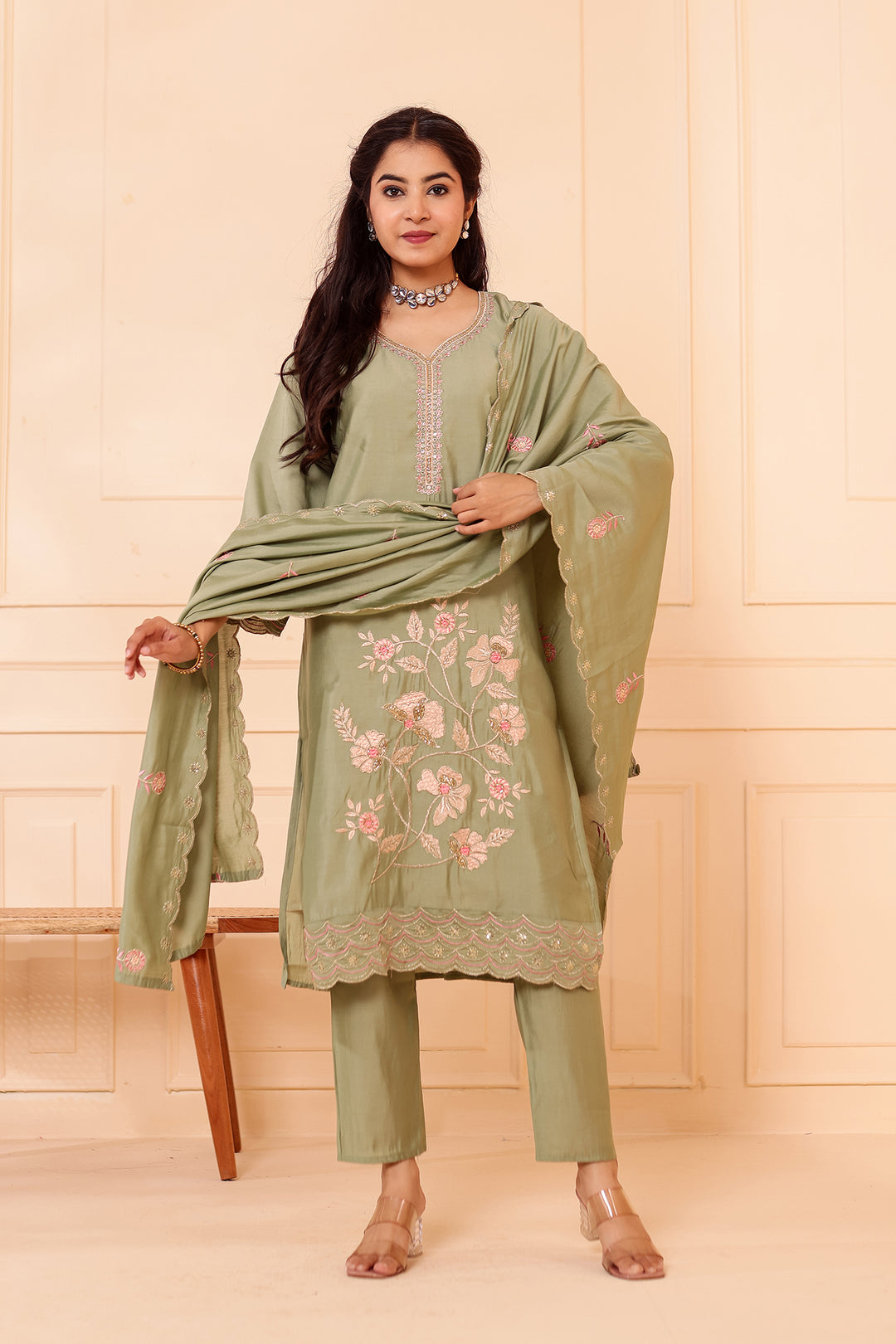 Mint Roman Silk Straight Cut Kurta Set with Floral Embroidery.