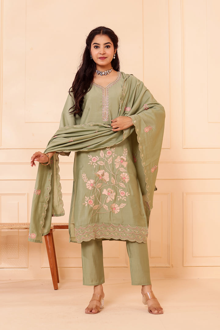 Mint Roman Silk Straight Cut Kurta Set with Floral Embroidery.