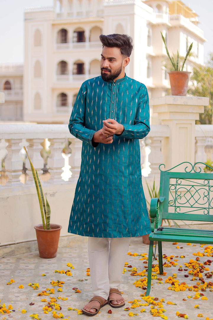 Teal Raw Silk Kurta Suit With Sequin Embroidery All Over.