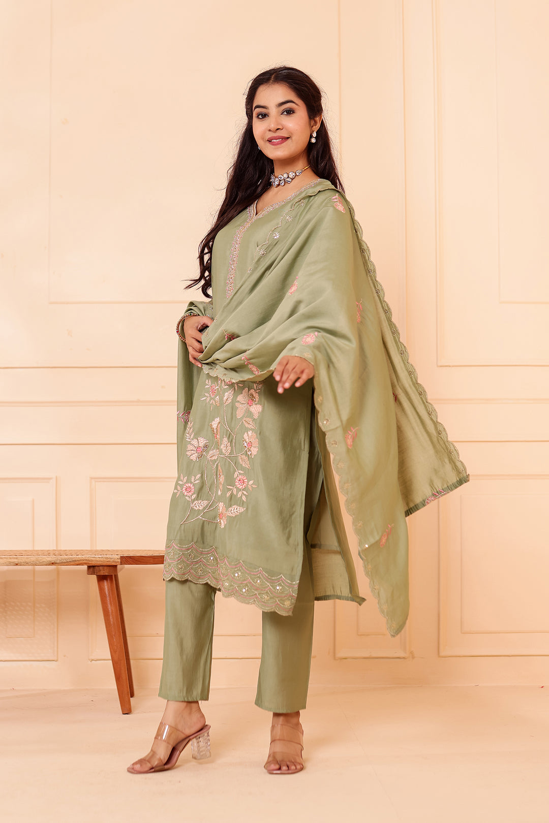 Mint Roman Silk Straight Cut Kurta Set with Floral Embroidery.