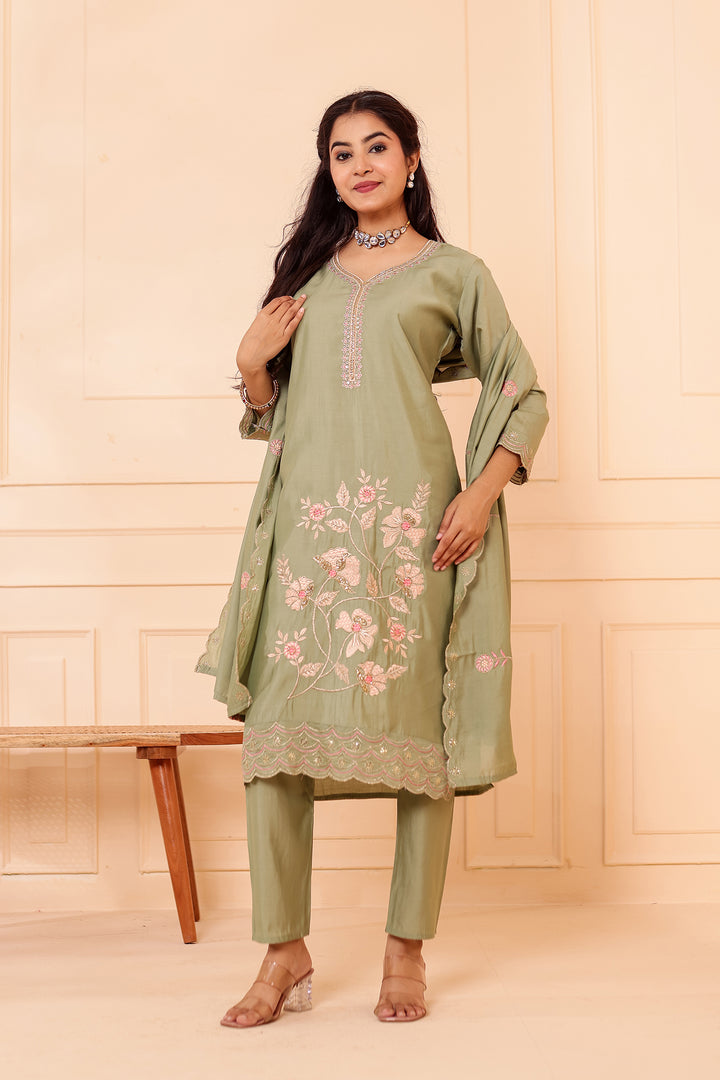Mint Roman Silk Straight Cut Kurta Set with Floral Embroidery.