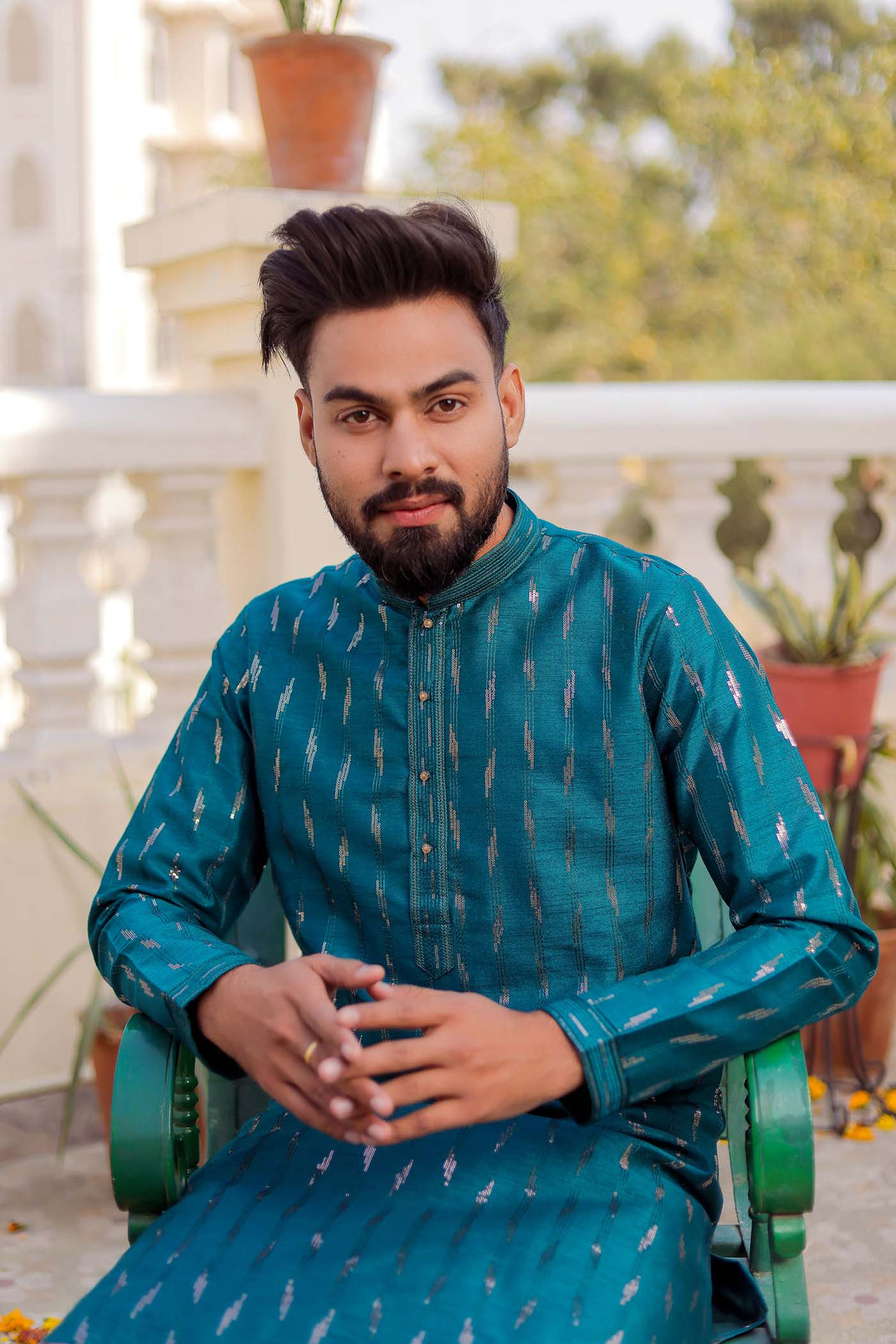 Teal Raw Silk Kurta Suit With Sequin Embroidery All Over.