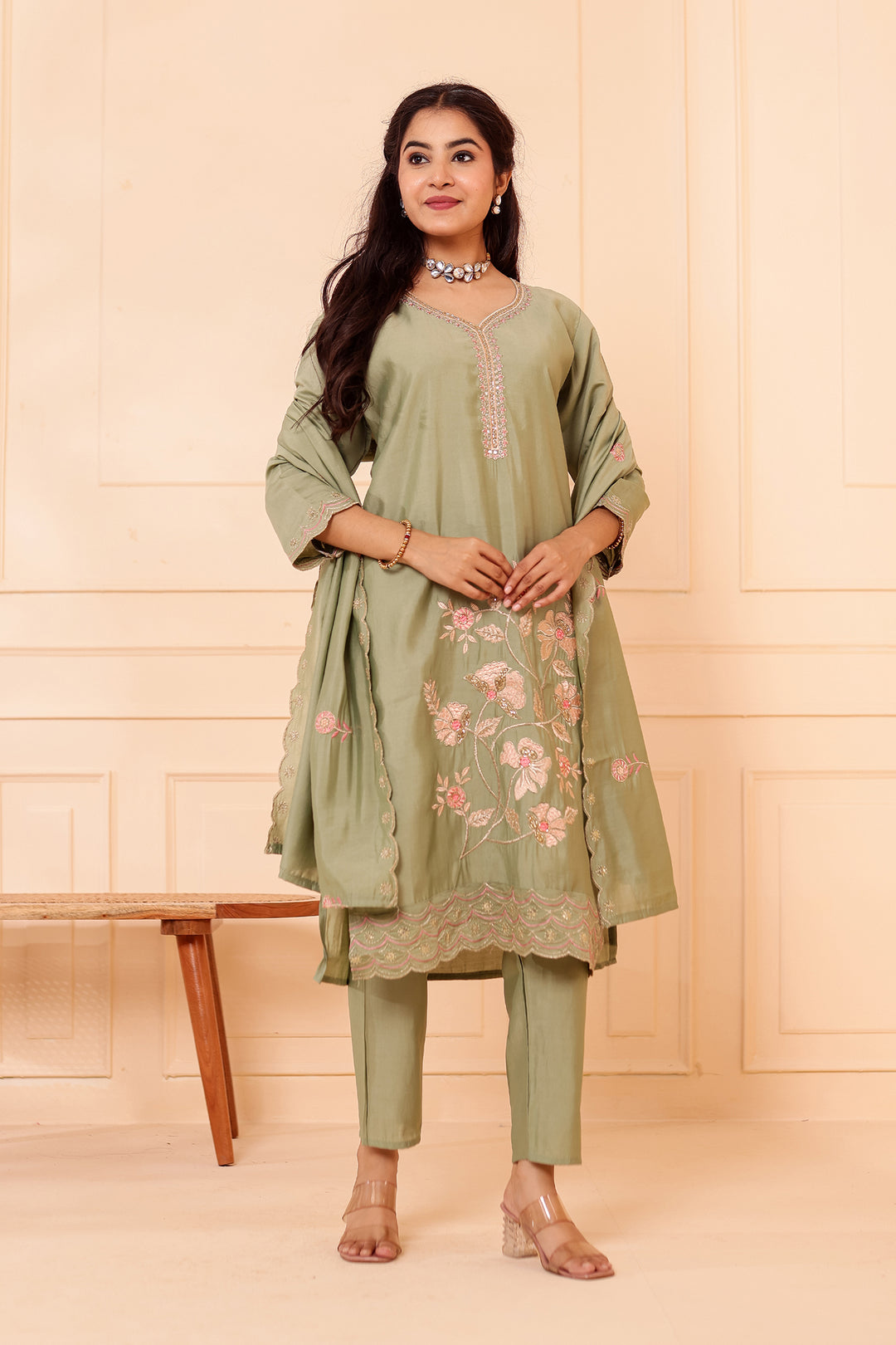 Mint Roman Silk Straight Cut Kurta Set with Floral Embroidery.