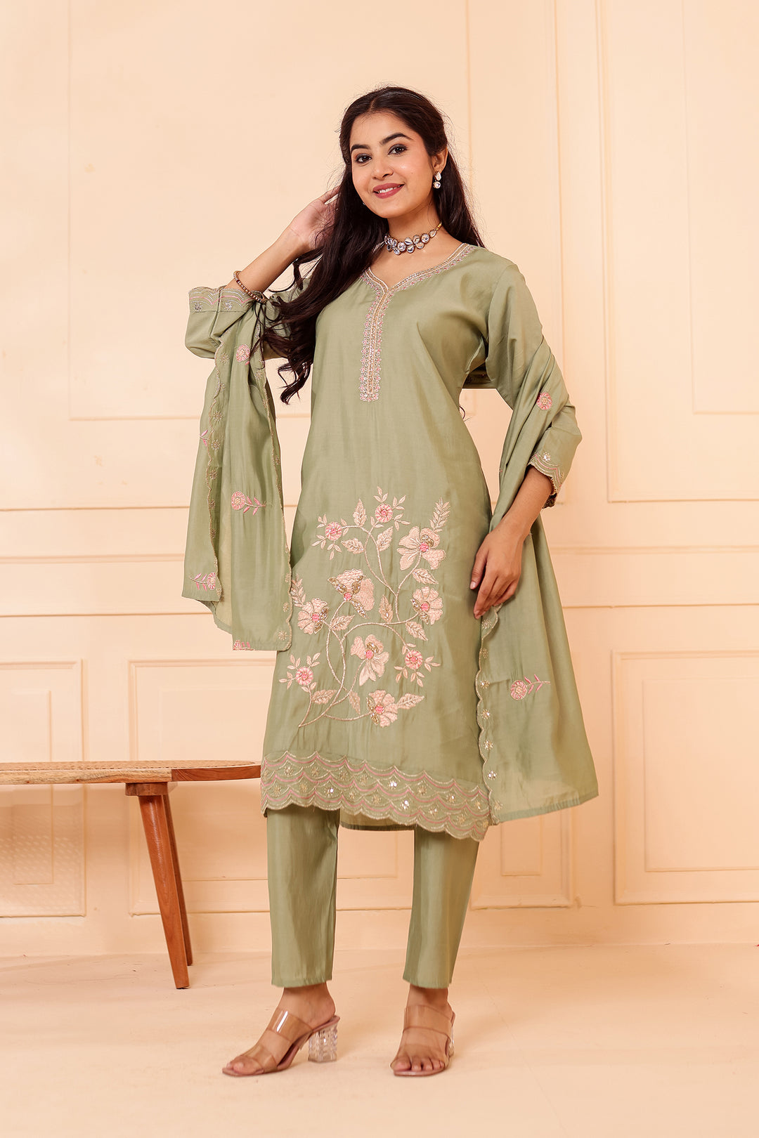 Mint Roman Silk Straight Cut Kurta Set with Floral Embroidery.