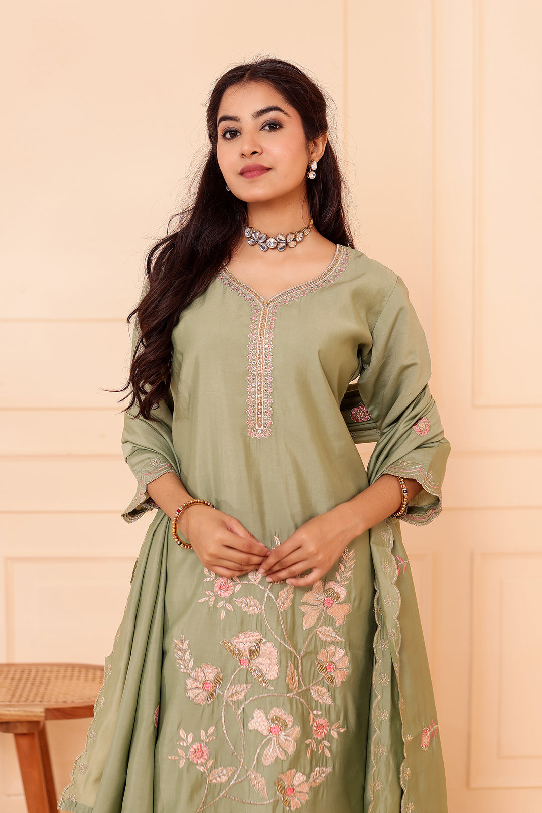 Mint Roman Silk Straight Cut Kurta Set with Floral Embroidery.