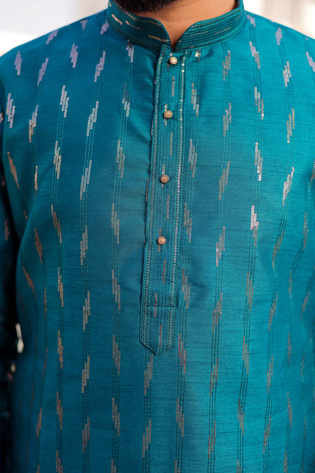 Teal Raw Silk Kurta Suit With Sequin Embroidery All Over.