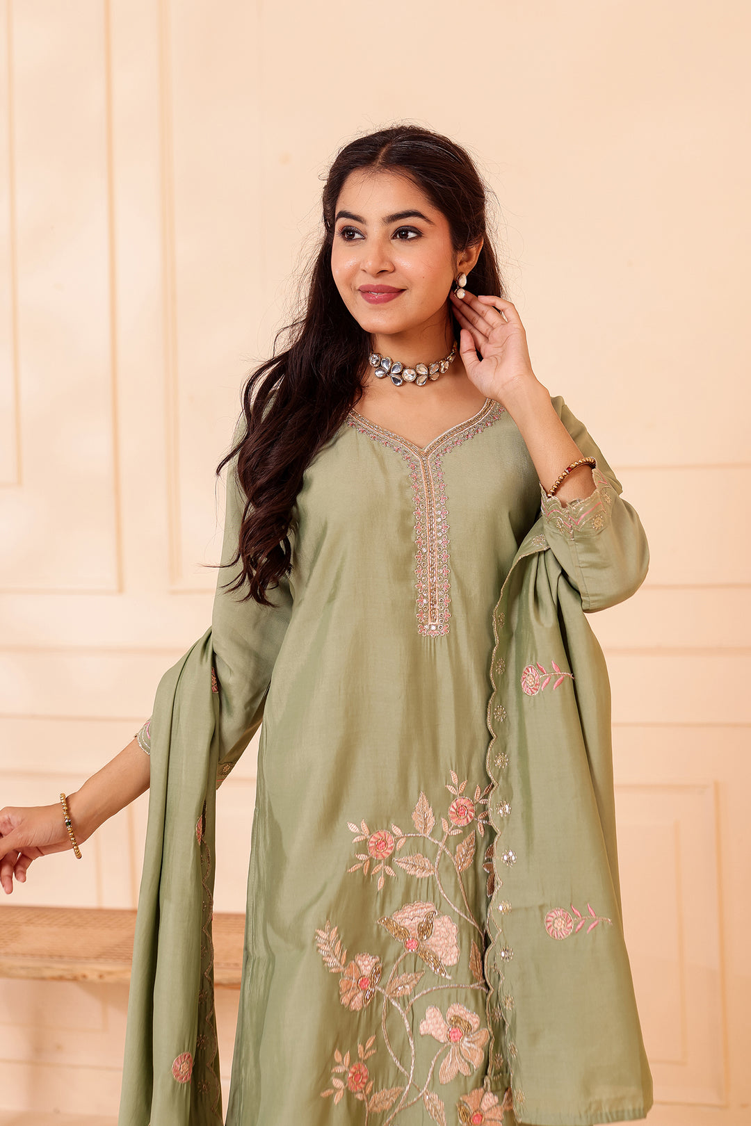 Mint Roman Silk Straight Cut Kurta Set with Floral Embroidery.