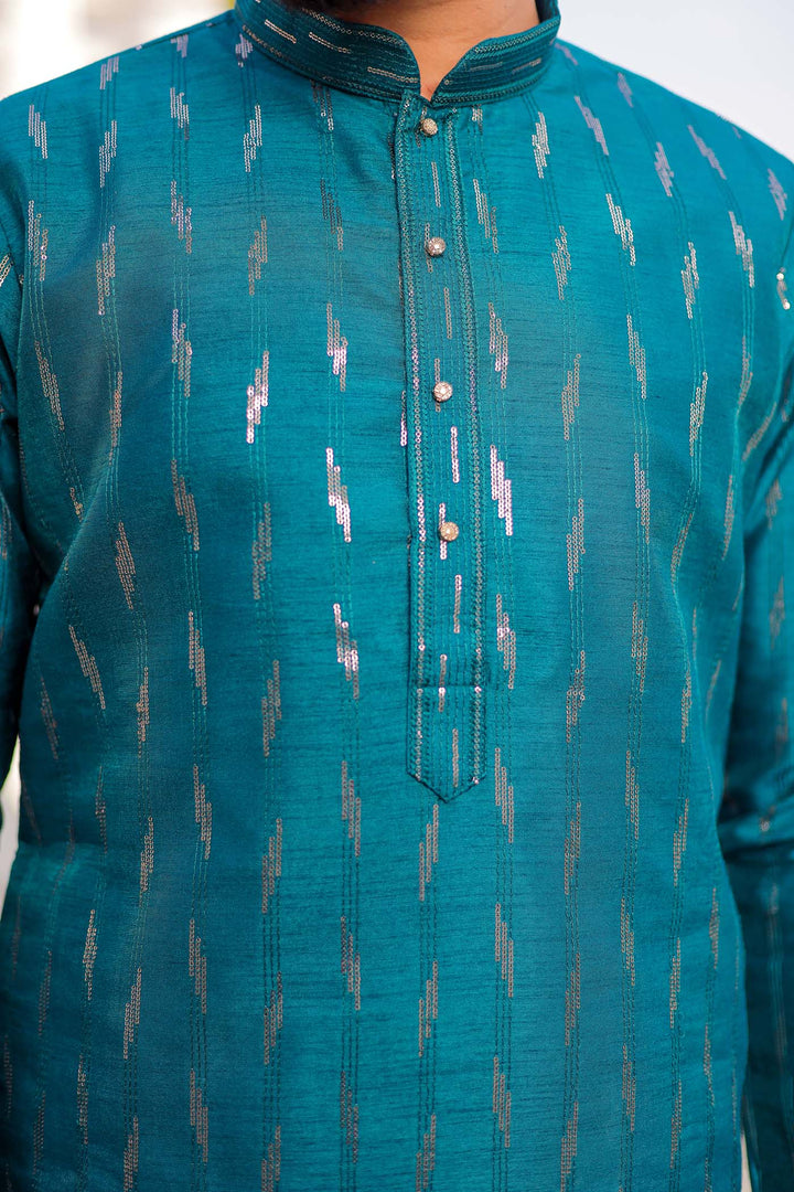 Teal Raw Silk Kurta Suit With Sequin Embroidery All Over.