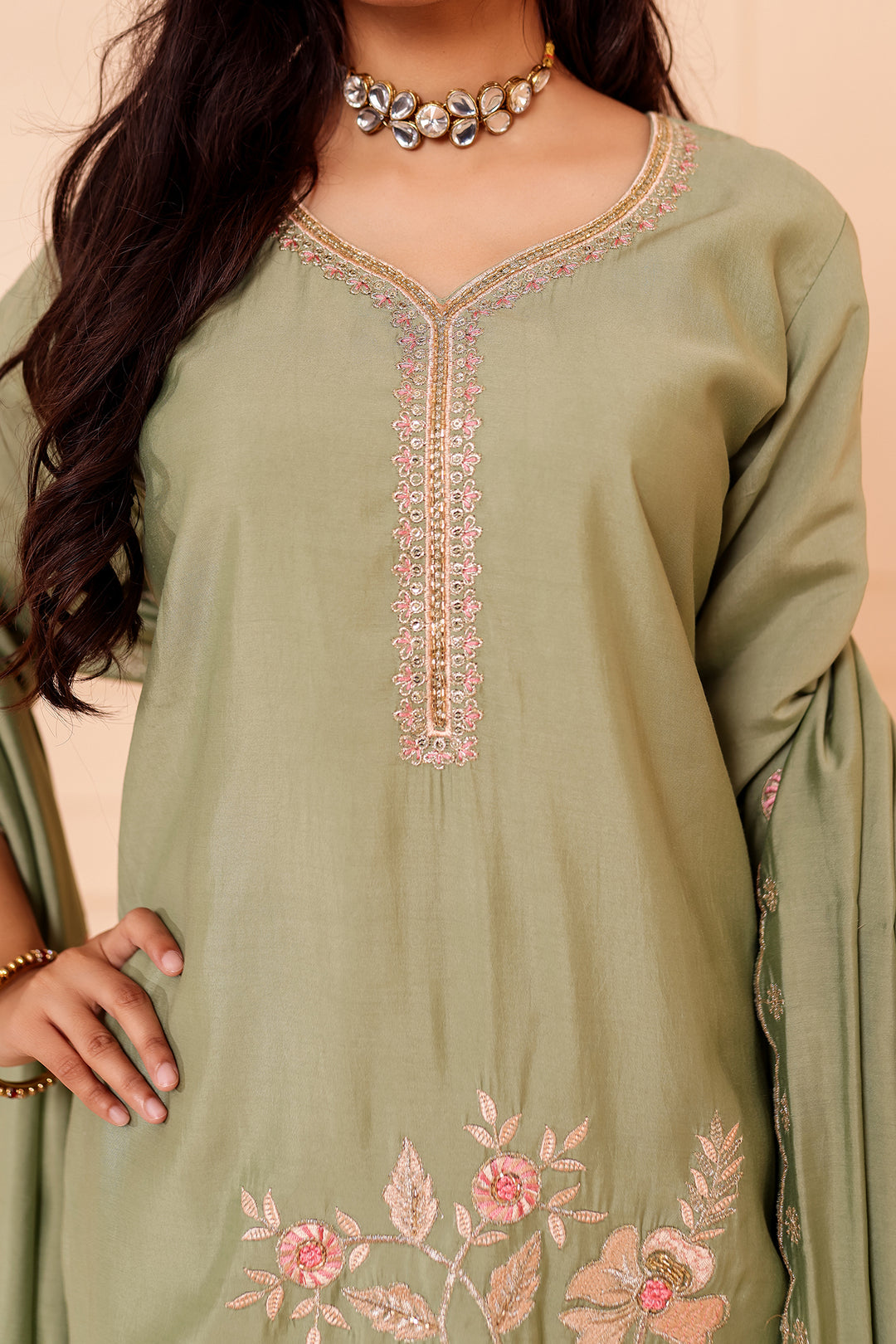 Mint Roman Silk Straight Cut Kurta Set with Floral Embroidery.