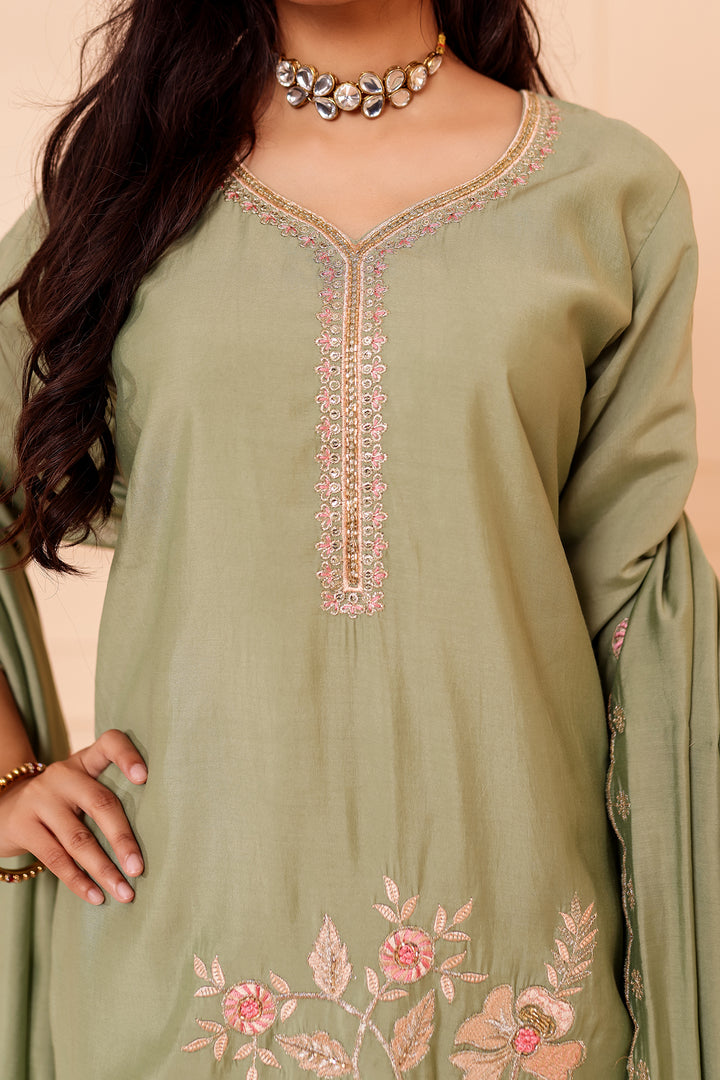 Mint Roman Silk Straight Cut Kurta Set with Floral Embroidery.