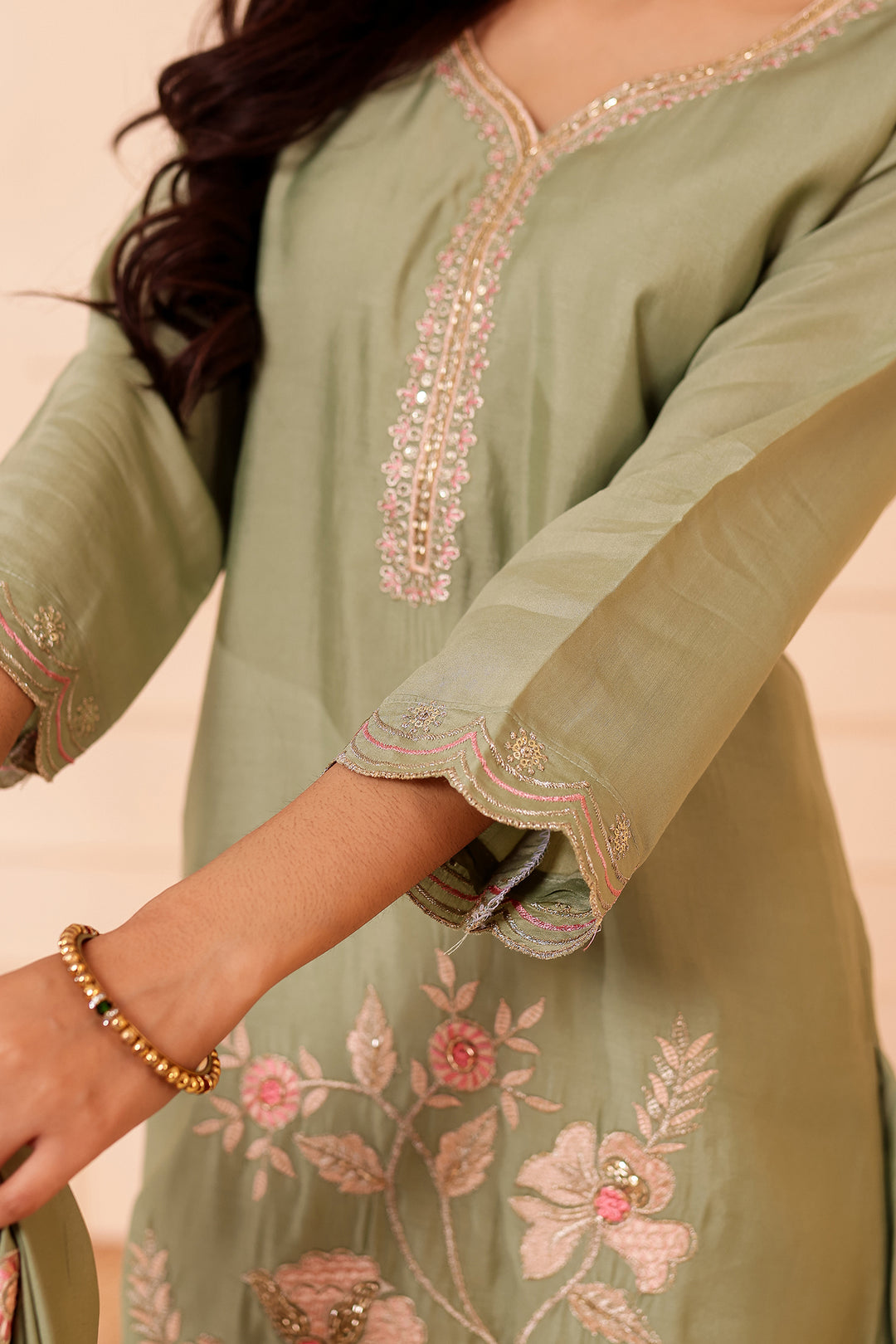 Mint Roman Silk Straight Cut Kurta Set with Floral Embroidery.