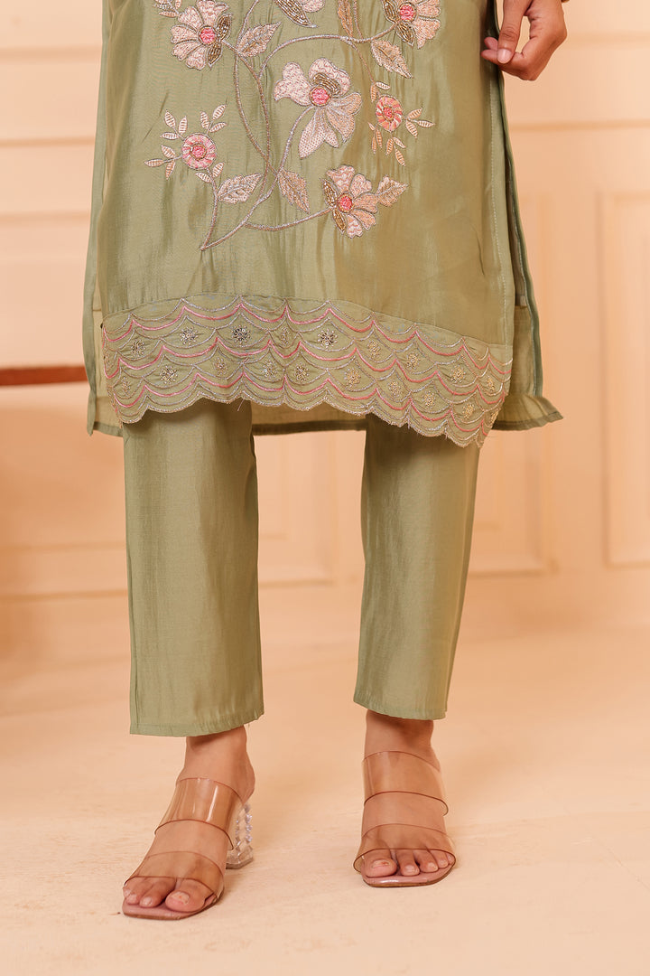 Mint Roman Silk Straight Cut Kurta Set with Floral Embroidery.