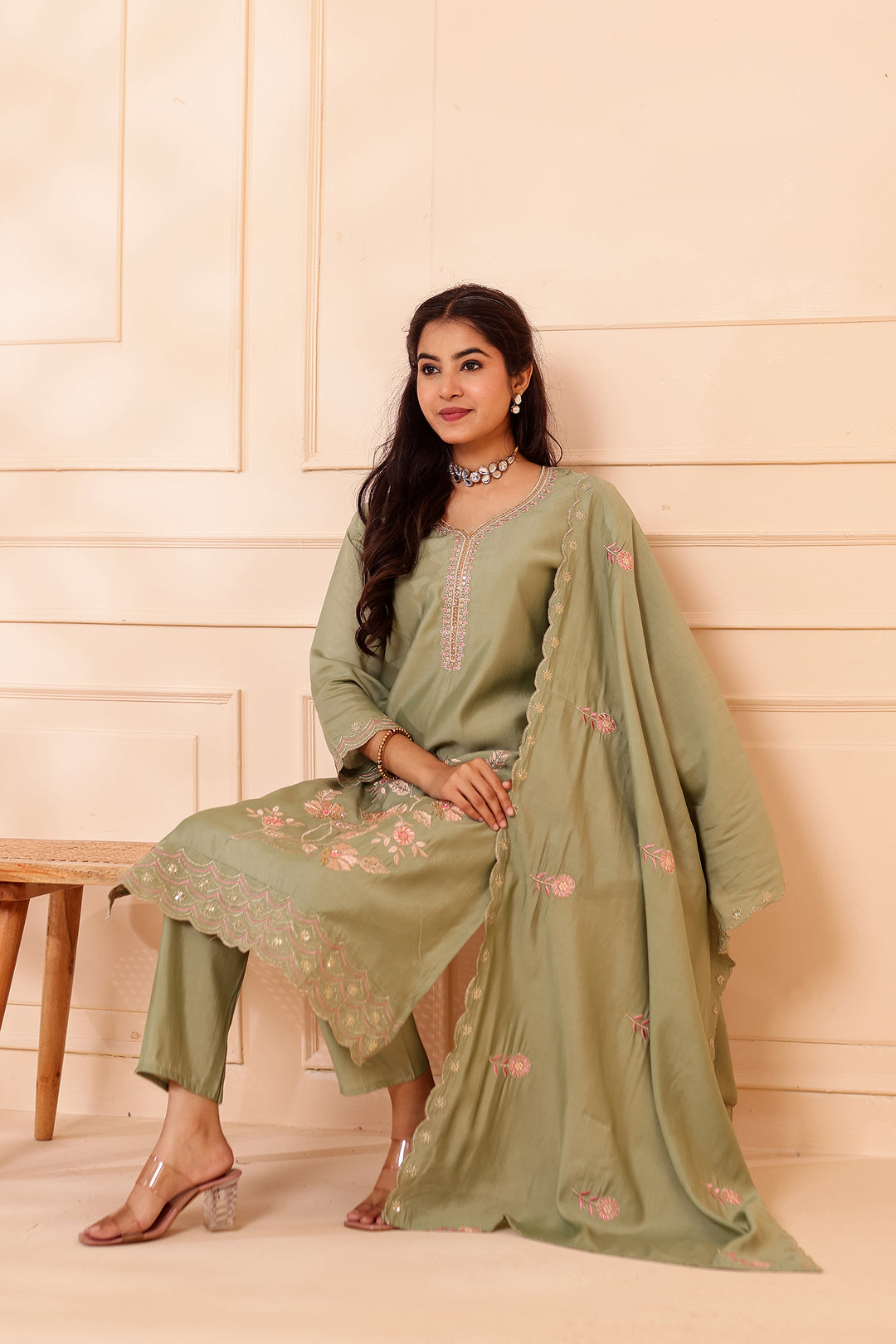 Mint Roman Silk Straight Cut Kurta Set with Floral Embroidery.