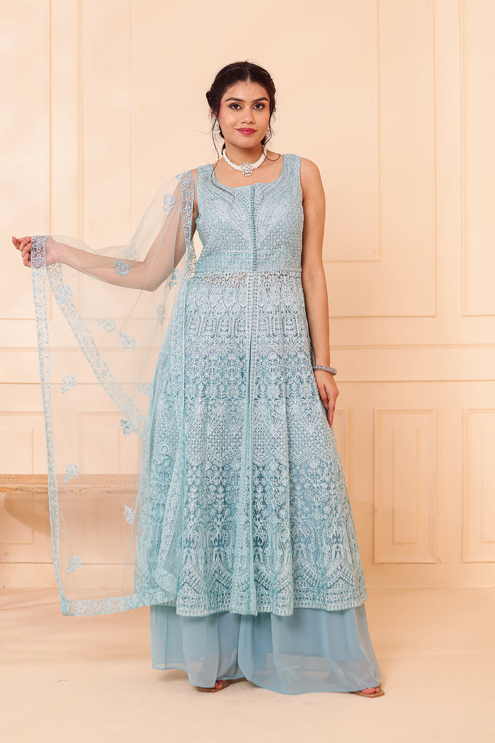 Dusty Blue Net Long Top Palazzo Suit.