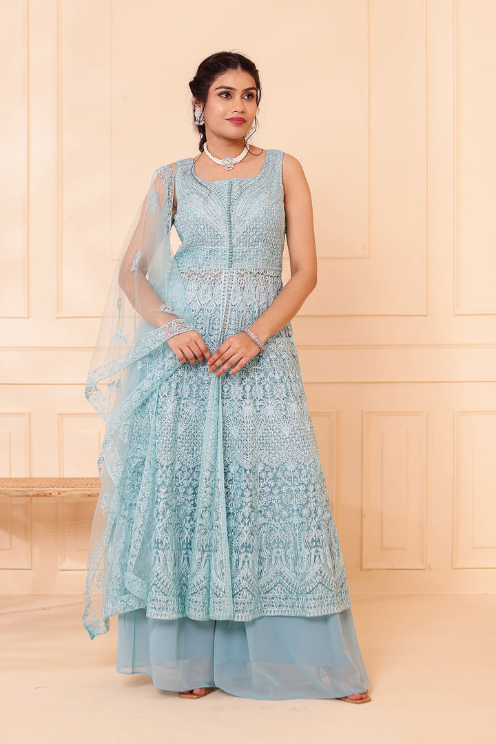 Dusty Blue Net Long Top Palazzo Suit.