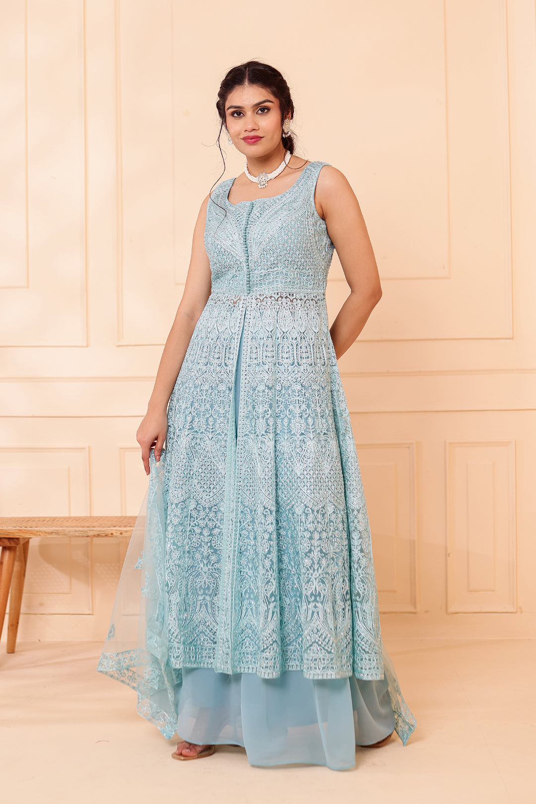 Dusty Blue Net Long Top Palazzo Suit.