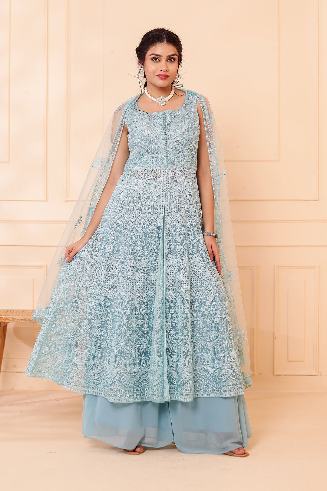Dusty Blue Net Long Top Palazzo Suit.