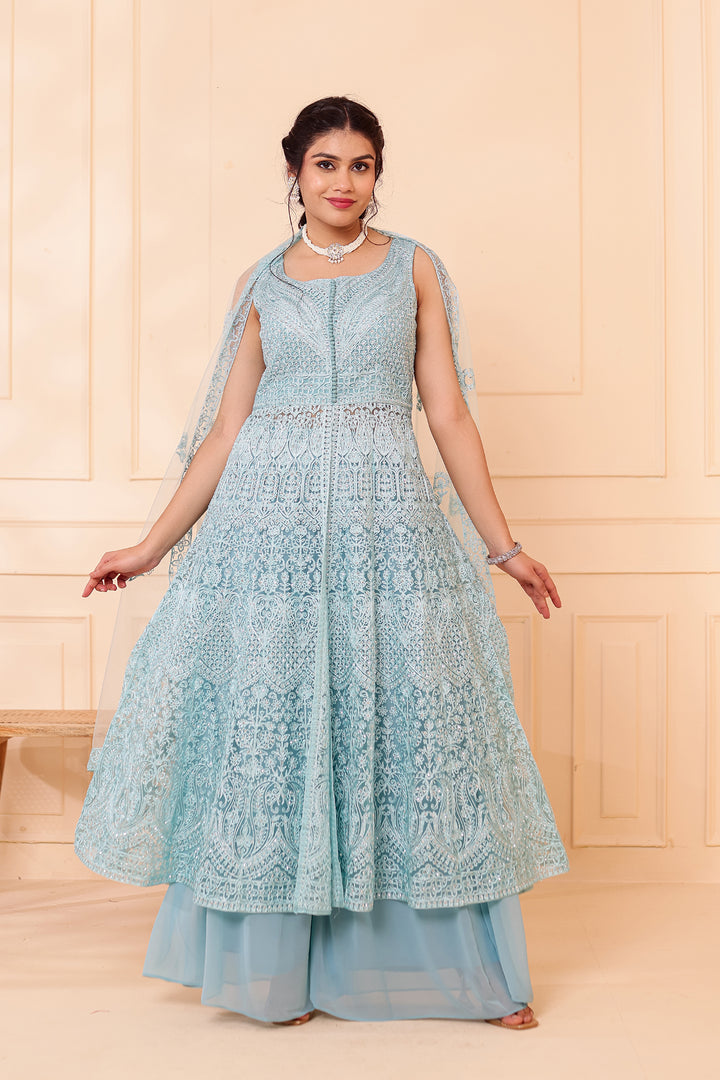 Dusty Blue Net Long Top Palazzo Suit.