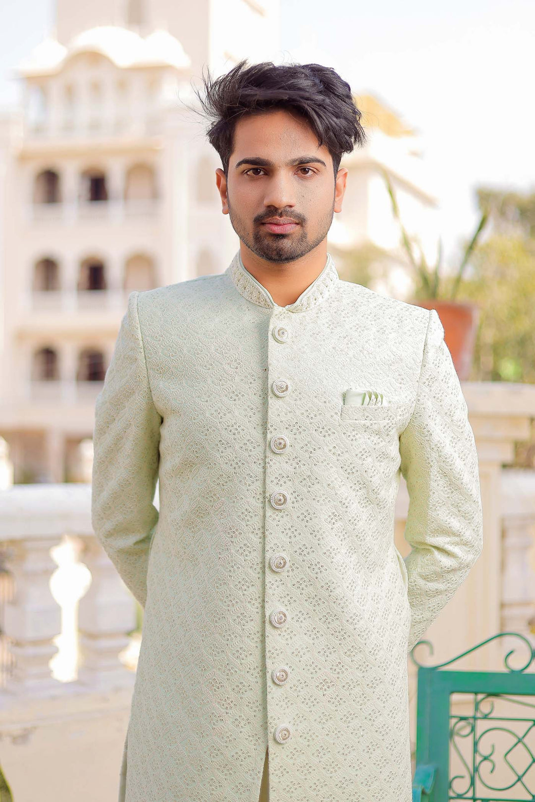 Mint Green Lucknowi Indo-Western Suit.