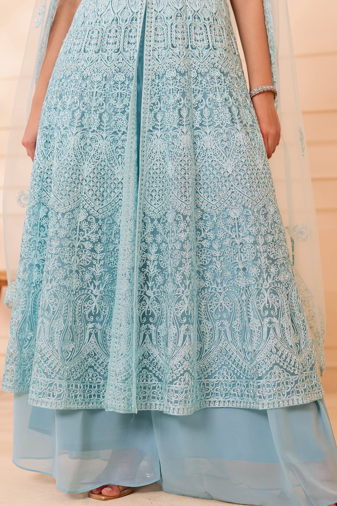 Dusty Blue Net Long Top Palazzo Suit.