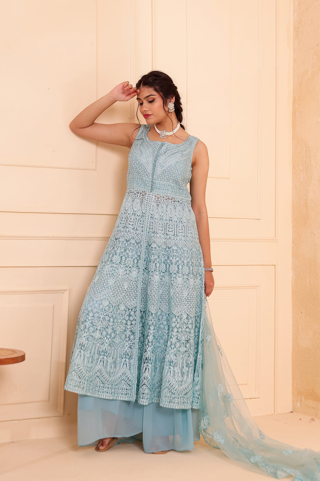 Dusty Blue Net Long Top Palazzo Suit.