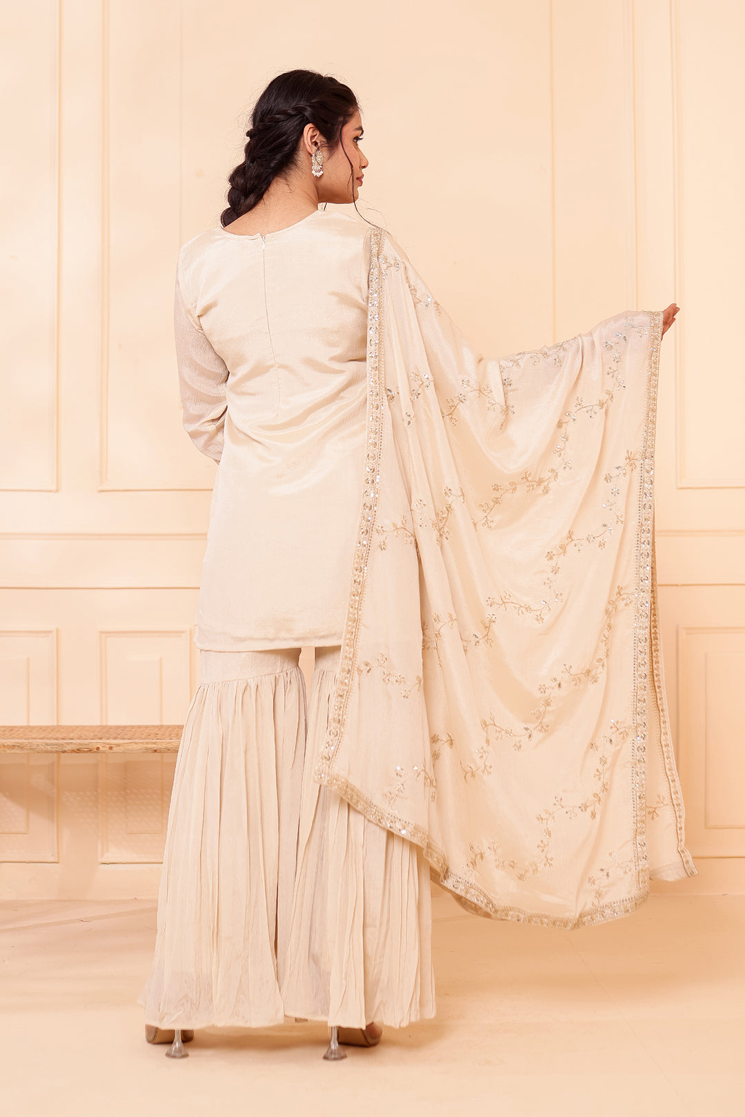 Light Beige Chinon Silk Sharara Suit.