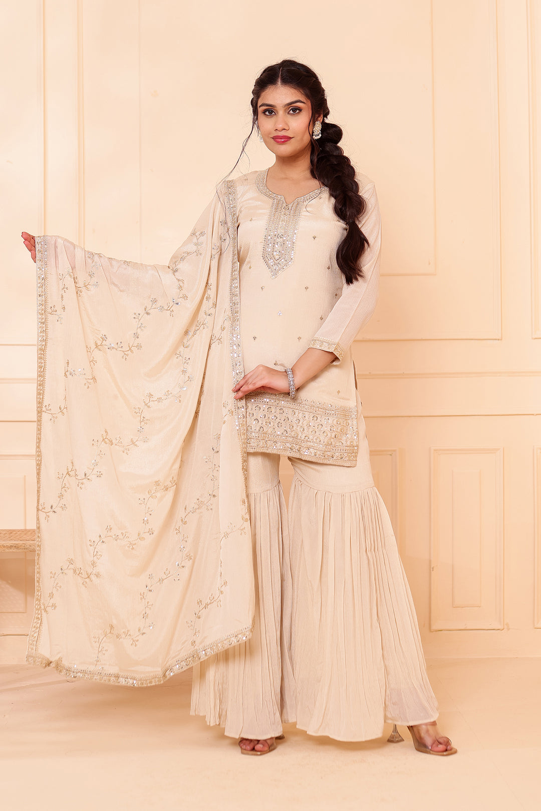 Light Beige Chinon Silk Sharara Suit.