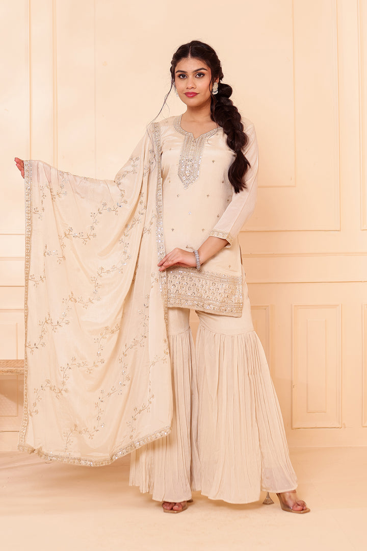 Light Beige Chinon Silk Sharara Suit.