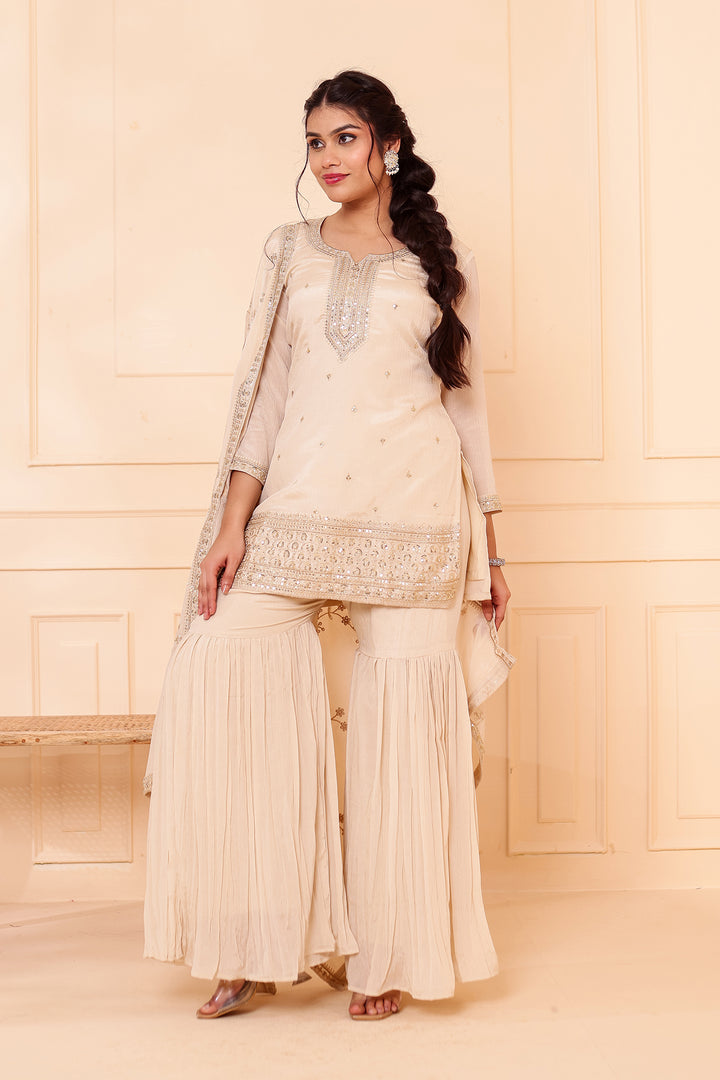Light Beige Chinon Silk Sharara Suit.
