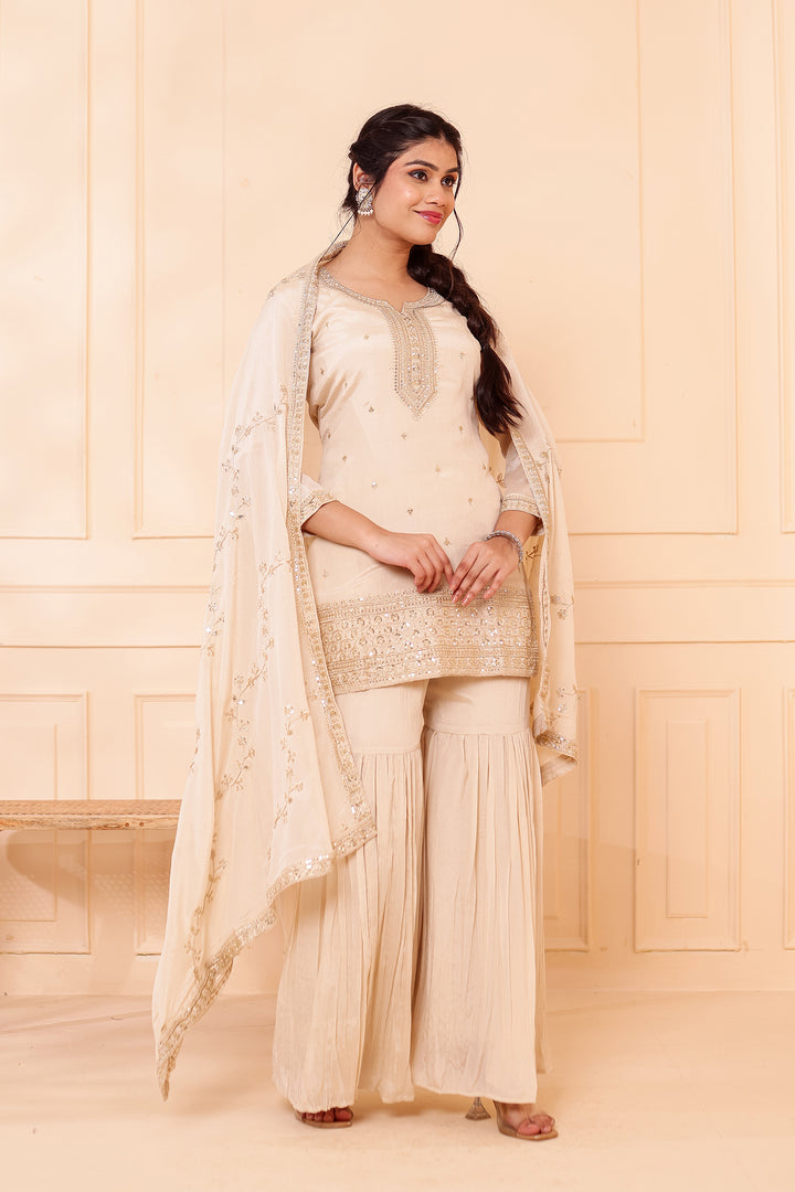 Light Beige Chinon Silk Sharara Suit.