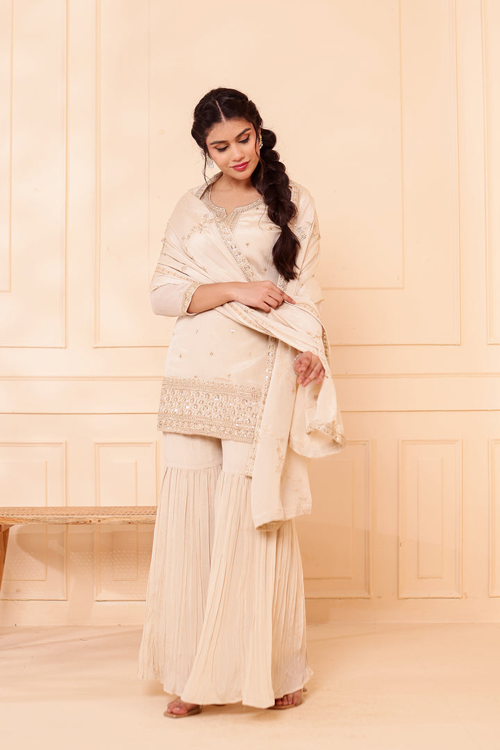 Light Beige Chinon Silk Sharara Suit.
