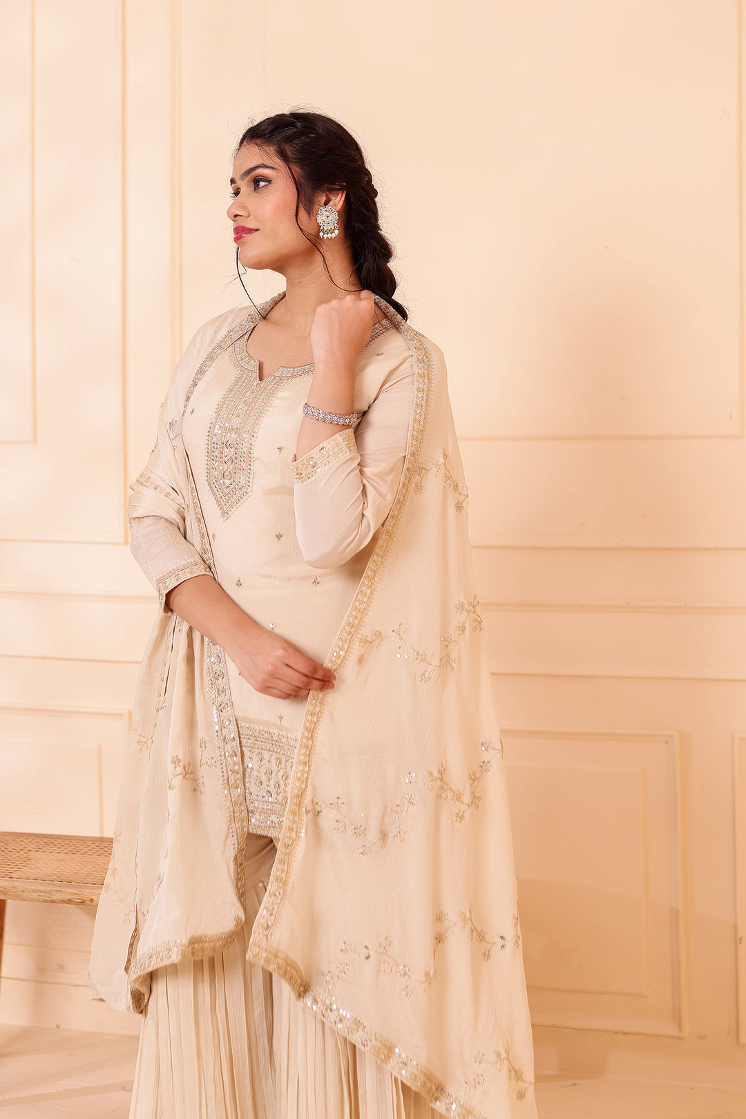 Light Beige Chinon Silk Sharara Suit.