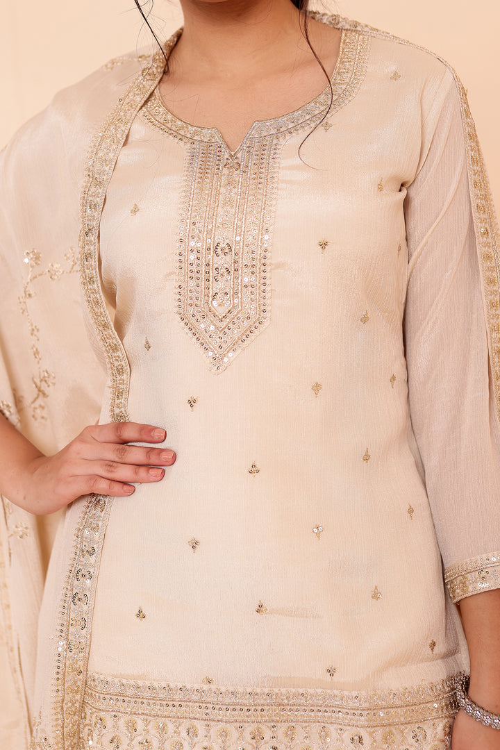 Light Beige Chinon Silk Sharara Suit.