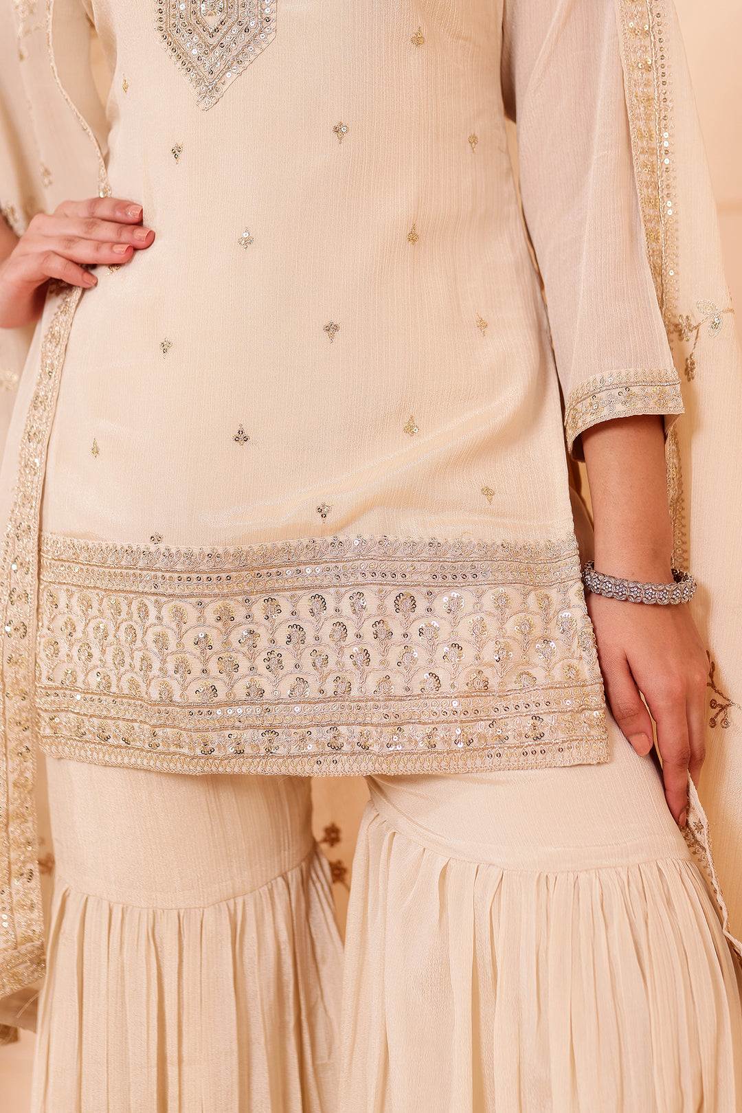 Light Beige Chinon Silk Sharara Suit.