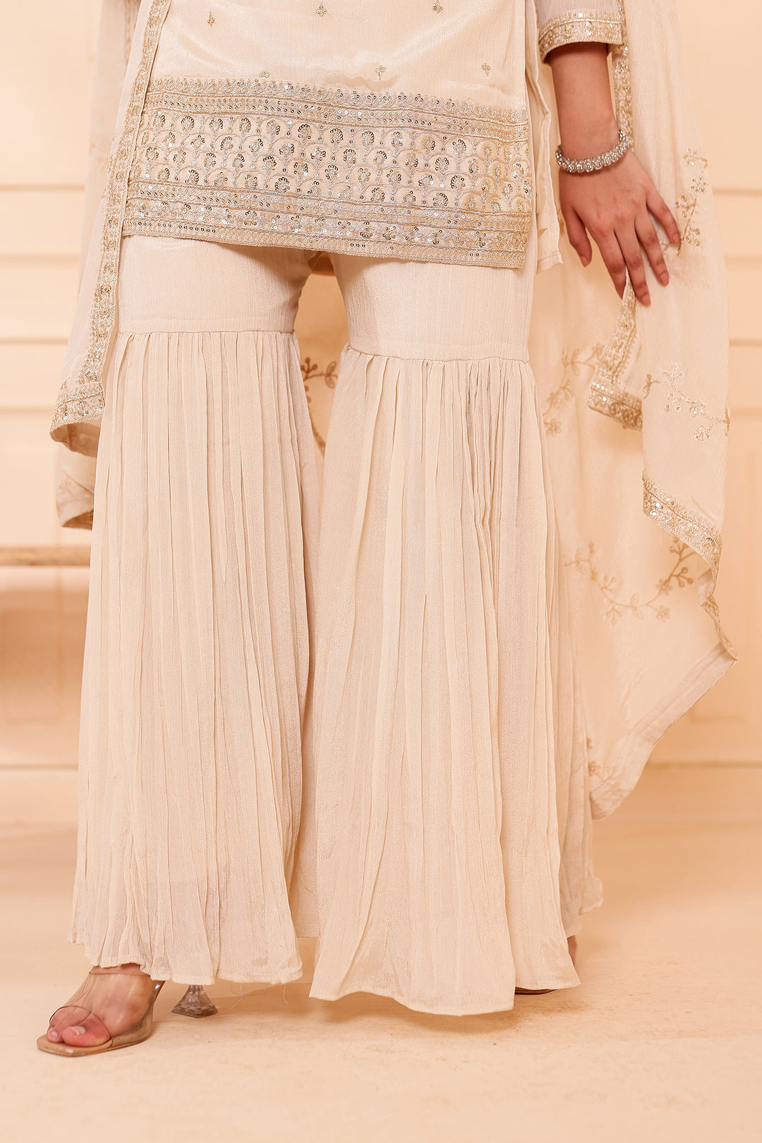 Light Beige Chinon Silk Sharara Suit.