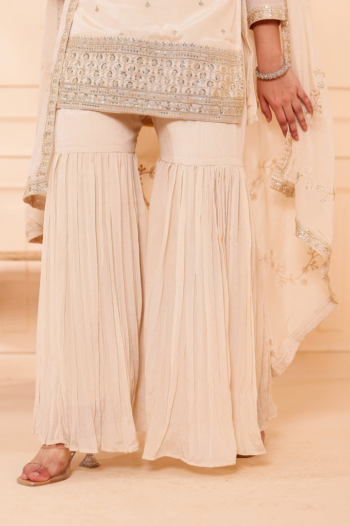 Light Beige Chinon Silk Sharara Suit.
