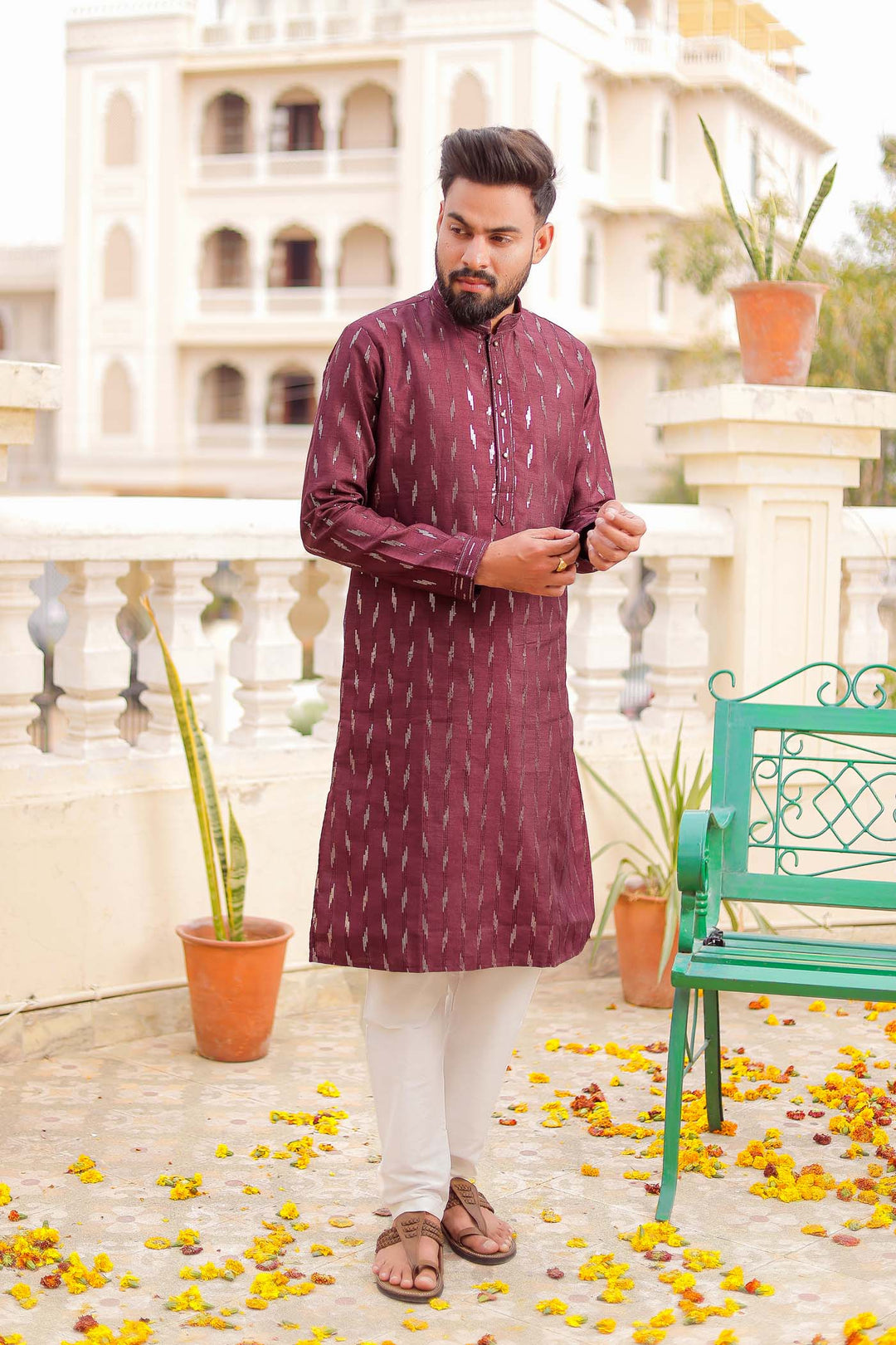 Wine Raw Silk Kurta Suit With Sequin Embroidery All Over.