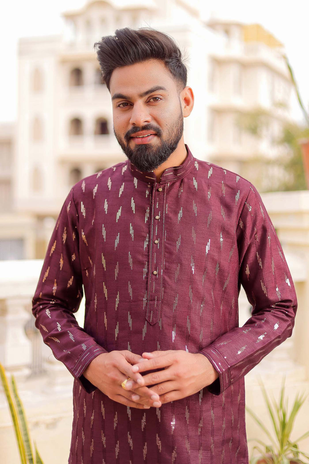 Wine Raw Silk Kurta Suit With Sequin Embroidery All Over.