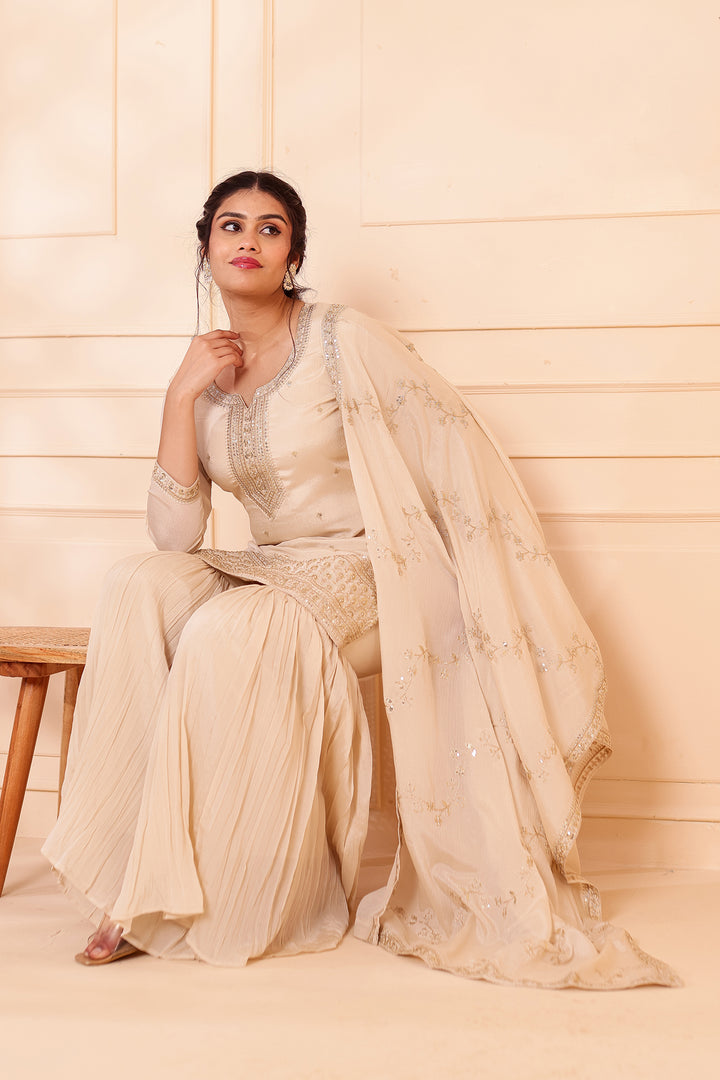 Light Beige Chinon Silk Sharara Suit.