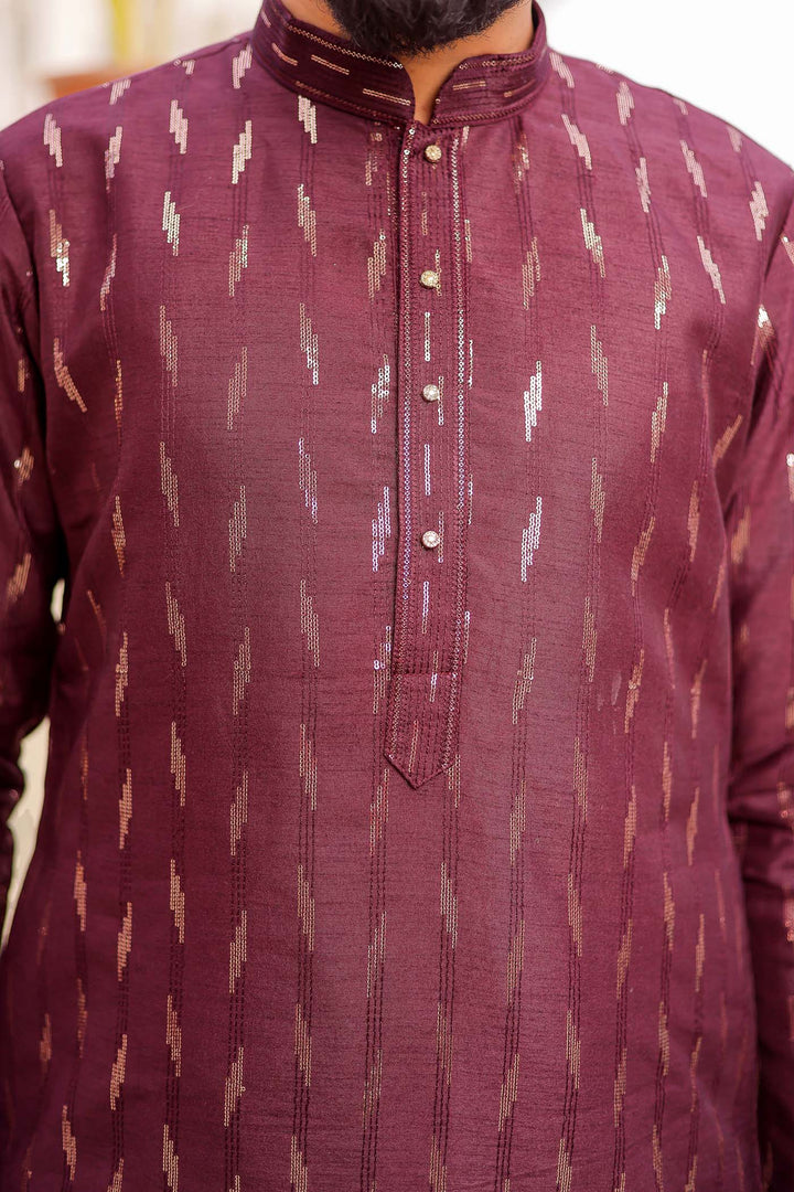 Wine Raw Silk Kurta Suit With Sequin Embroidery All Over.