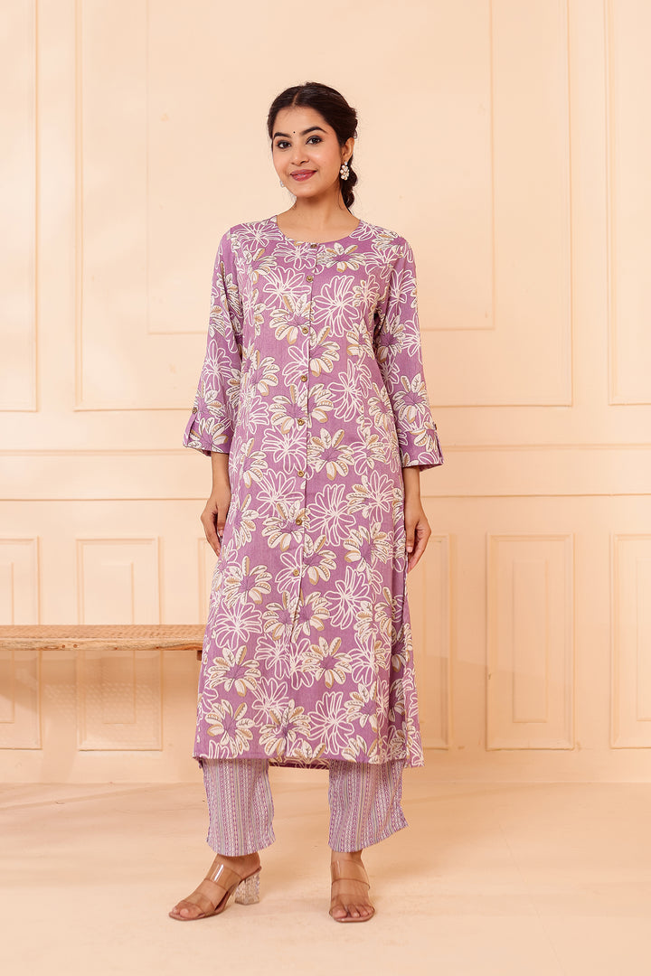 Lavender Floral Printed Straight Cut Rayon Kurta Set.