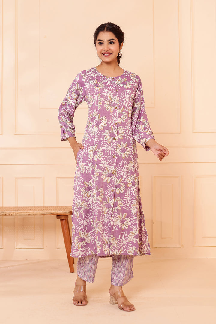 Lavender Floral Printed Straight Cut Rayon Kurta Set.