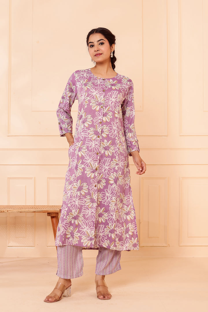 Lavender Floral Printed Straight Cut Rayon Kurta Set.