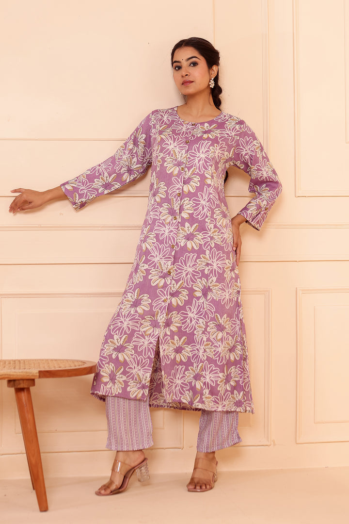 Lavender Floral Printed Straight Cut Rayon Kurta Set.